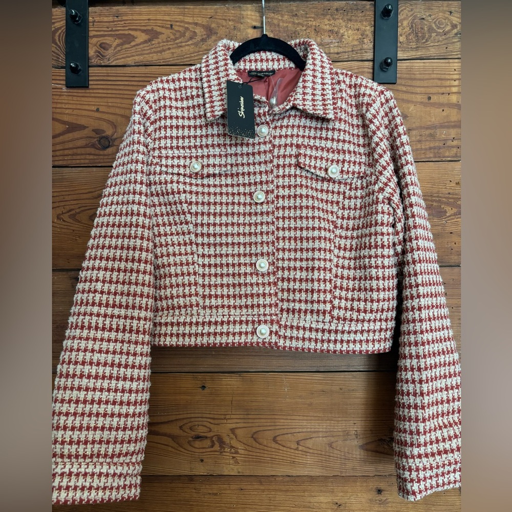 Shinestar Houndstooth Tweed Cropped Jacket